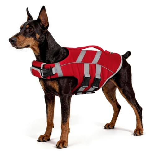 Paiaite Dog Life Jacket: Ripstop High Buoyancy Swimsuit with Reflective Stripes & Rescue Handle - Adjustable Preserver with Leash Hook for Swimming, Boating & Lake Activities for Dogs Red S