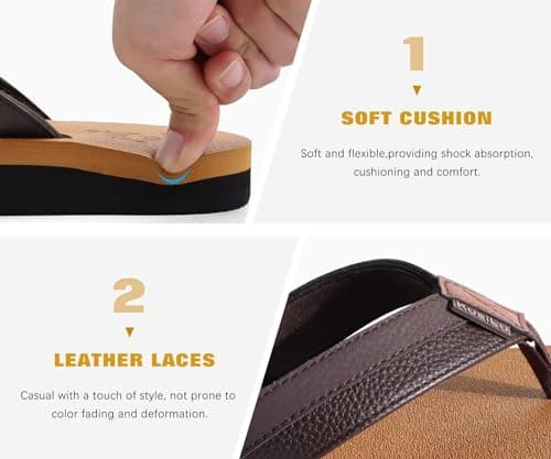 KuaiLu Mens Leather Flip Flops Arch Support Summer Beach Pool Water Thong Sandals Waterproof Essentials Walking Shoes Slip on Orthotic Casual Sport Cushioned Wide Slides Shower Slippers Khaki Size 11 — view 4