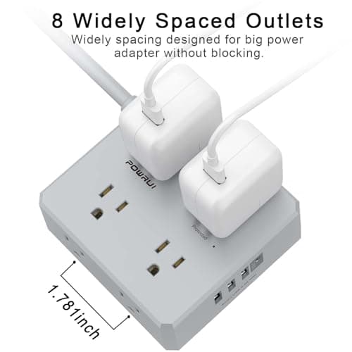 Surge Protector Power Strip - 6 Ft Flat Plug Extension Cord with 8 Widely Outlets and 4 USB Ports(1 USB C), 3 Side Outlet Extender for Home Office, Grey, ETL Listed — view 4