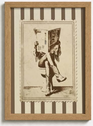 Framed Vintage Cowgirl Funny Bathroom Canvas Wall Art, Retro Stamp Style Western Rustic Wall Decor, Beige Brown Cowboy Boots Picture for Bathroom Laundry Room Bedroom Farmhouse Home Decoration