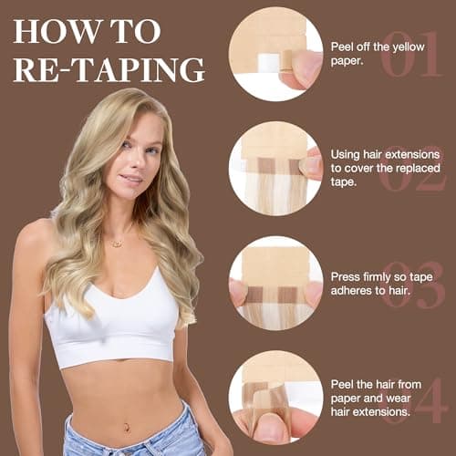 GOO GOO Tape in Hair Extensions Human Hair for Women Light Blonde and Golden Blonde Hair Extensions Real Human Hair Seamless Invisible Hair Extension Tape 20pcs 50g 20inch — view 2