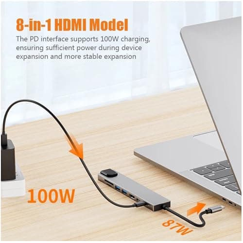 USB C Hub Adapter Laptop Docking Station 8 in 1 USBC Dongle to 4K HDMI,Ethernet,2 USB,Type-C,SD TF Card Reader,PD 100W Compatible with iPhone16/MacBook/Dell and Other Type C Laptops Device — view 5