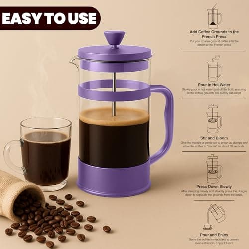 Utopia Kitchen 34 Ounce 1 Liter French Press Coffee Maker, Tea Maker, Travel Coffee Presses, Heat Resistant Thickened Borosilicate Coffee Pot for Camping Travel Gifts, Plum Pack of 1 — view 2