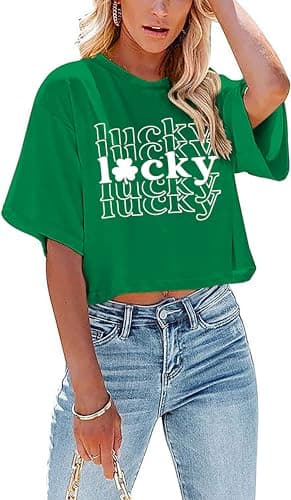 QAUN St Patricks Day Crop Top for Women Lucky Irish Tshirt Womens St Pattys Shirts Shamrock Crop Tops XS-XL