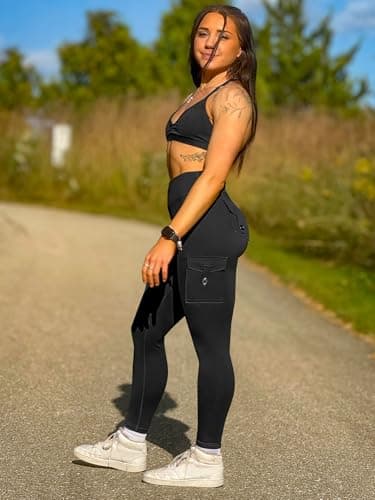 YEOREO CoreFlex Gym Workout Cargo Leggings with Pockets for Women Hidden Scrunch Compression Yoga Pants Black XS — view 2