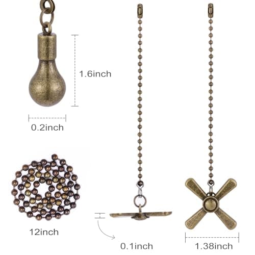 Kelduemi Ceiling Fan Pull Chain Ornaments, 13.6 Inches Fan Pulls Extension Chains Set, Decorative Metal Light Bulb and Fan Cord, Ultra Long 3mm Diameter Beaded Ball Pull Chains for Lamp — view 2