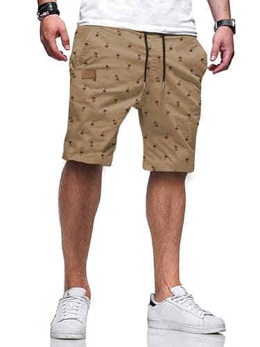 JMIERR Mens Summer Casual Chino Shorts, Coconut Tree Printed Khaki, 2XL