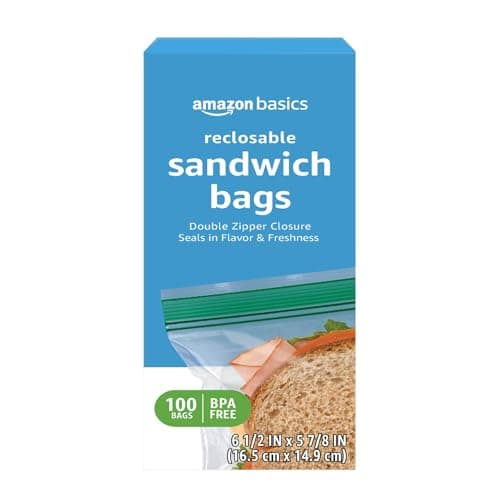 Amazon Basics Reclosable Double Zipper Sandwich Storage Bags for Food Storage, BPA Free, 100 Count
