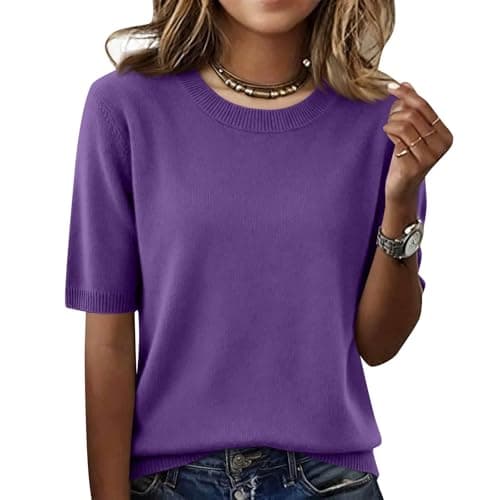 Elbow Sleeve Tops Women Loose Fit Cashmere Sweaters Crew Neck T Shirts Dressy Lightweight Half Sleeve Spring Blouses Purples X-Large