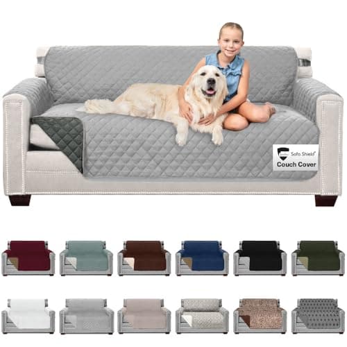 Sofa Shield Couch Cover for Dog and Pets, Couvre Protector for Sofas, Reversible Stain Resistant Housse Canapé, Quilted Microfiber 178 cm 3 Seat, Patented Slipcover with Strap, Light Gray Charcoal