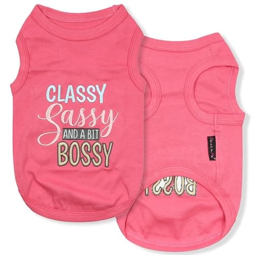 Parisian Pet Dog T-Shirt with Embroidered 'Classy, Sassy and Bit Bossy' Words - 100% Cotton, Pink Dog Shirt - Cute Pet Vest - Machine Washable Dog Clothes for Medium-Sized Dogs - M