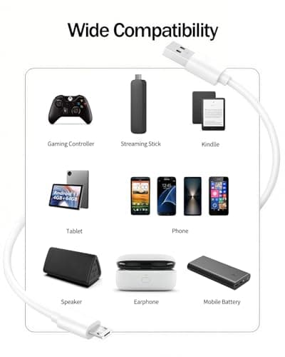 Superer 2 Pack 5ft White Micro USB Charger Cable Fit for PS4 Controller, Xbox One X S, Kindle Paperwhite, Amazon Fire Tablet, Roku Streaming Stick Express Premiere+, Android Phone Data Sync Power Cord — view 3