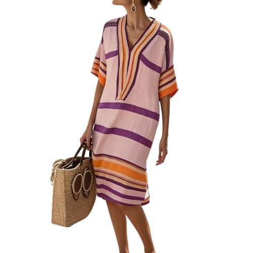 Dresses for Women Linen 3/4 Sleeve Midi Dresses Cute Striped Dress Summer V Neck Boho Vacation Dress Casual Outfits Pink-XXXL