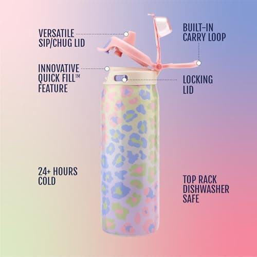 Ello Pop & Fill 18oz Stainless Steel Kids Water Bottle with Quick Fill Lid | Vacuum Insulated BPA Free Bottle with Leak Proof Straw and Chug Lid, Dishwasher Safe, Gift For Kids Teens, Cheetah — view 3