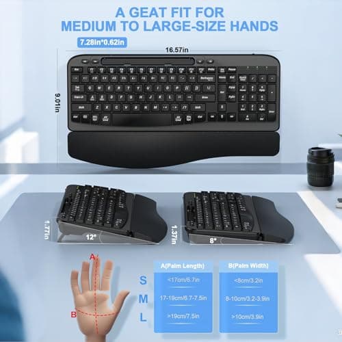 EAYBLLY 2.4G Wireless Ergonomic Keyboard, Full Size Wave Keys with Memory Foam Wrist Rest & 7.28in Phone Holder, USB-C Adapter Included for Windows Mac Chrome OS, Office or Home (Black) — view 2