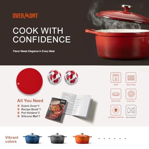 Overmont Enameled Cast Iron Dutch Oven - 5.5QT Pot with Wide Handles Lid Cookbook & Cotton Potholders - Heavy-Duty Pre-Seasoned Cookware Oven Safe to 500°F for Braising, Stews, Roasting, Sourdough Baking — view 5