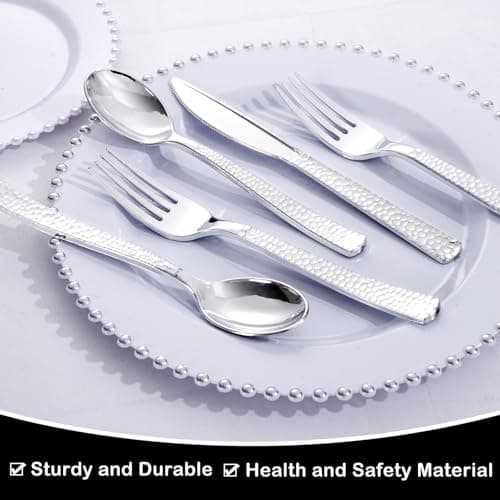 Supernal 180Pcs Silver Plastic Silverware Set, Elegant Hammered Design Heavy Duty Disposable Cutlery, Includes 60 Forks, 60 Knives, 60 Spoons,Silver Plastic Utensils for Wedding, Parties,Events — view 3