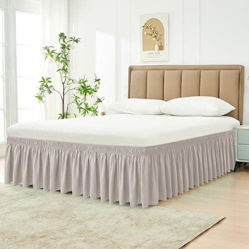Biscaynebay Wrap Around Bed Skirts for King & Cal King Beds Short Drop of 12", Camel Grey Adjustable Elastic Dust Ruffles Easy Fit Wrinkle Resistant Silky Luxurious Fabric Machine Washable