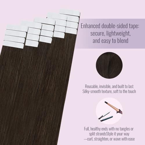 Fshine Tape in Hair Extensions Dark Brown Tape Human Hair Extensions 18 Inch Seamless Skin Weft Double Sided PU Glue in Extensions Invisible 50 Grams — view 2