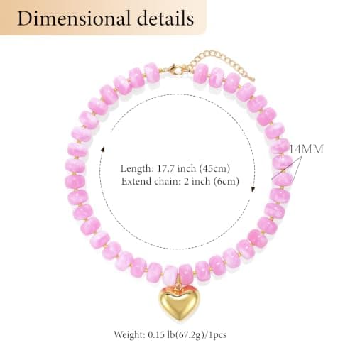 Wassazi Pink Chunky Beaded Necklace for Women, Acrylic Bead Statement Puff Heart Pendant Necklace, Cute Boho Y2K Choker Necklace for Gift Jewelry