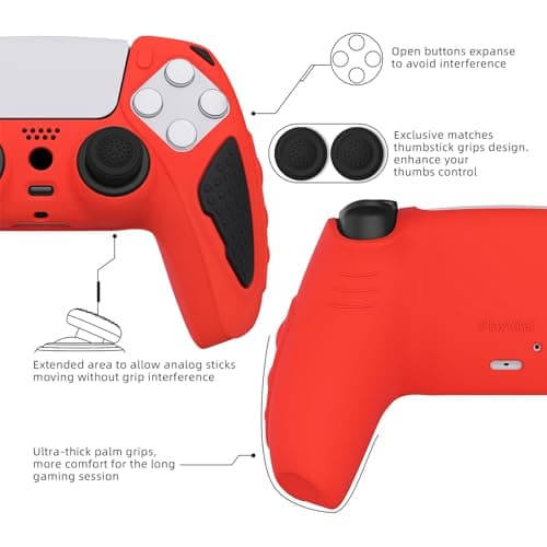 PlayVital Knight Edition Passion Red & Black Two Tone Anti-Slip Silicone Cover Skin for ps5 Controller, Soft Rubber Case for ps5 Wireless Controller with Thumb Grip Caps — view 3
