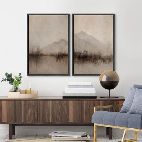 MUDECOR Framed Canvas Print Wall Art Set Abstract Mountain Landscape Soft Earth Tones Illustrations Modern Art Decorative Calm/Zen for Living Room, Bedroom, Office - 24"x36"x2 Black — view 3