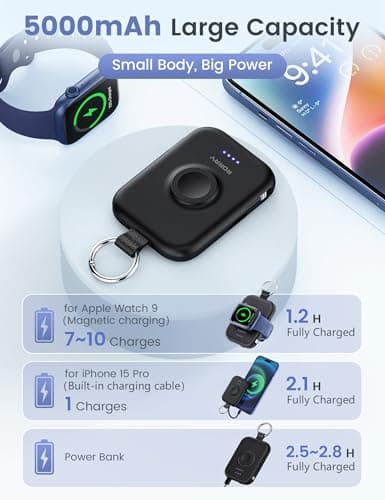 RORRY CharmGo Portable Charger, 5000mAh Portable Charger Power Bank with Built-in Cables, Travel Keychain Battery Pack for Apple Watch and iPhone Air/17/16/15/14/13/12, Black — view 2