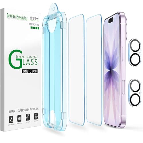 amFilm OneTouch Screen Protector for iPhone 17 6.3'' 2025 + Camera Lens Protector | Auto-Alignment install | Bubble Free | 9H+ Military-Grade Tempered Glass | FHD Clarity | Case Friendly | 2+2 Pack