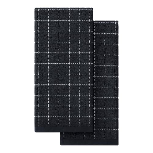 Homaxy 100% Cotton Terry Kitchen Towels(Black, 13 x 28 inches), Checkered Designed, Soft and Super Absorbent Dish Towels, 2 Pack