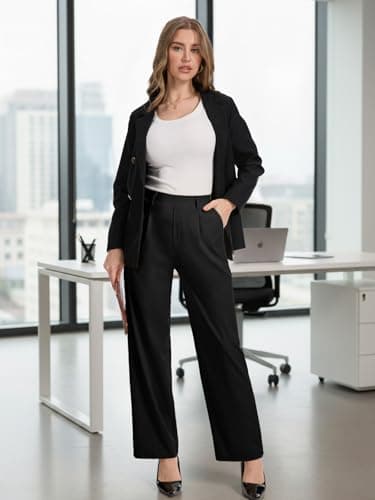 Feiersi Womens Dress Pants Wide Leg Pull On Stretchy Work Pants High Waisted Business Trousers with Pockets(Black,Small) — view 2