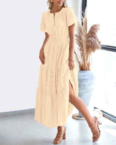 BTFBM Womens Summer 2026 Casual Midi Maxi Dresses Lightweight Short Sleeve V Neck Elastic Waist Boho Beach Dress Pockets(Apricot, Small) — view 7