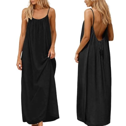 Tubeluck Backless Cami Dress for Women Summer Sleeveless Long Casual Sundress Lady Solid Color Open Back Lounge Dresses Holiday House (CA/US, Alpha, Medium, Regular, Regular, Black)