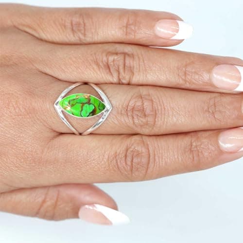 JEWELOPORIUM Copper Green Turquoise Silver Ring Size 9, 925 Sterling Silver Ring for Women, Marquise Gemstone Boho Jewelry