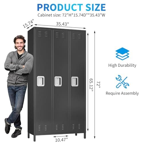 GarveeHome 3-Door Metal Locker with Lock 71 Inch High, Heavy Duty Storage Locker for Employees School Office Gym Home Garage, Multi-Use Industrial Locker Cabinet, Easy Assembly, Black
