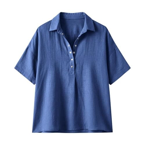 Linen Tops for Women 2026 Summer Cotton Gauze Shirts Button Down V Neck Half Sleeve Blouses Loose Fit Tunic Clothes Blue — view 5