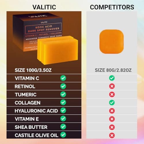 VALITIC Kojic Acid Dark Spot Remover Soap Bars with Vitamin C, Retinol, Collagen, Turmeric - Original Japanese Complex Infused with Hyaluronic Acid, Vitamin E, Shea Butter, Castile Olive Oil (2 Pack) — view 3