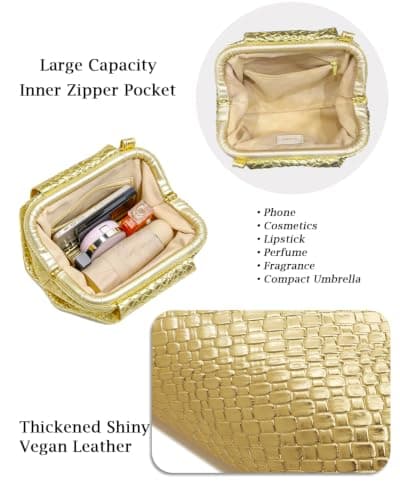 SUANNI Gold Woven Vegan Leather Evening Bag, Dumpling Clutch Purse for Women, Shoulder Crossbody Bags with Adjustable & Detachable Strap, Clasp Closure Handbag for Party Wedding Weekends — view 4