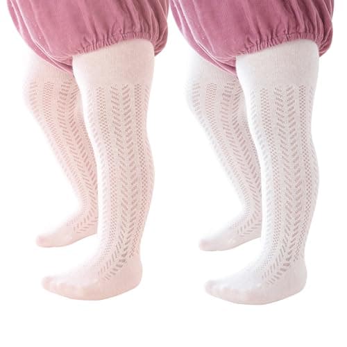 Miipat Baby Girl Tights Toddler Footed Leggings Mesh Lace Stockings 2 Pack Little Kids Hollow Pantyhose(WhitePinkPineNeedle,18-24M)
