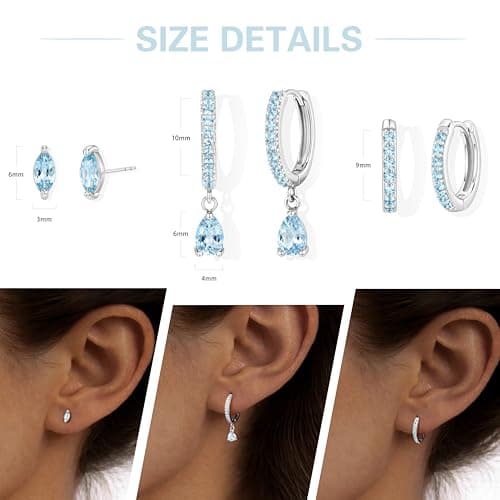 GoldGifts March Birthstone Aquamarine Earrings - Light Blue Jewelry Gift, Hypoallergenic Sterling Silver Small Huggie Hoop Set for Women, Dainty Trendy Stack Dangle Studs for Cartilage Helix — view 4