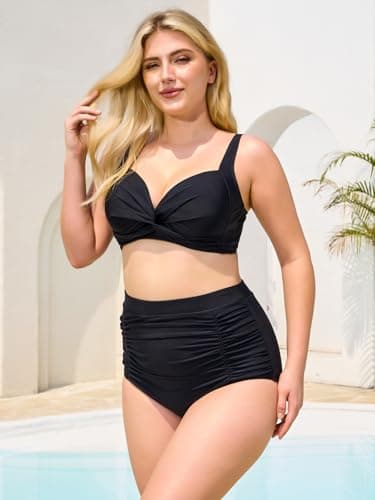 RELLECIGA Women's Black High Waisted Ruched Bikini Bottom Size X-Large — view 2
