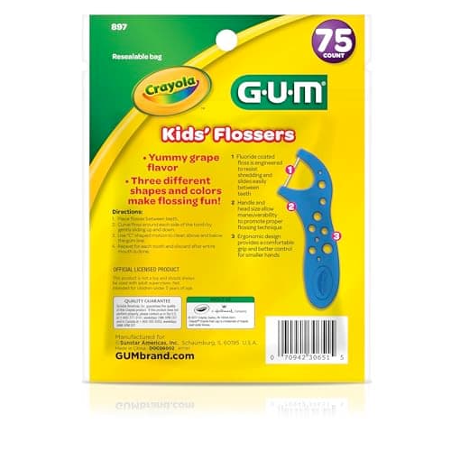 GUM Crayola Kids' Fluoride Coated Flosser Picks, Helps to Prevent Cavities Between Teeth, Grape Flavoured, Colours: Blue, Green, Pink, 75 Flossers (1 Bag) — view 11