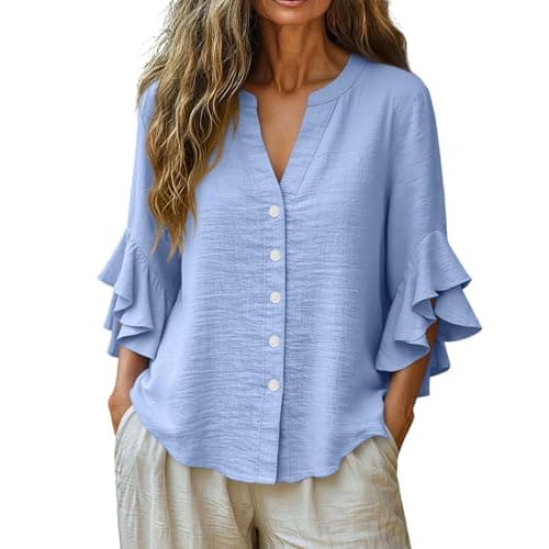 3/4 Ruffle Sleeve Cotton Linen Shirts for Women Dressy V Neck Beach Tunic Tops Elegant Summer Casual Work Blouses Light Blue — view 4