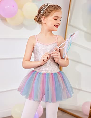 Zaclotre Girls Sequin Leotard Sparkly Strap Ballet Skirted Leotards Tutu Dress Ballerina Outfit Dance Costume Rainbow Size 4-5T — view 3