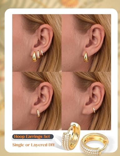 LOLIAS Small Chunky Hoop Earrings for Women, Non-Tarnish, Hypoallergenic, Huggie Silver Earring Stacks Set for Sensitive Ears, Multiple Piercing Jewelry, Lightweight, Classic 14K Gold Plated, 3 Pairs — view 3