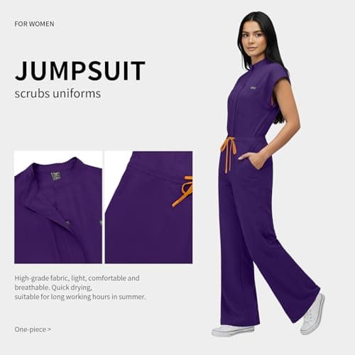 VIAOLI Women's Medical Scrub Jumpsuit - Mandarin Collar, with Drawstring Waist for Nursing Uniforms (S,Grape Purple) — view 5