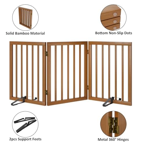 Freestanding Pet Gate Foldable Dog Gate (55 inches Wide) Walnut Bamboo Door Gates for Stair Doorways House Dog Fences Indoor (2 Support Feet Included) — view 4