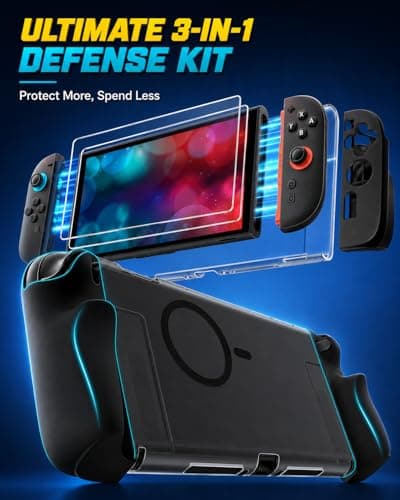ivoler 5-in-1 Split Protective Case for Nintendo Switch 2, Dockable & Magnetic Accessory Compatible PC Hard Cover, Quick-Release Silicone Joy-Con Grips, 2-Pack 9H Glass Screen Protectors - Black — view 3
