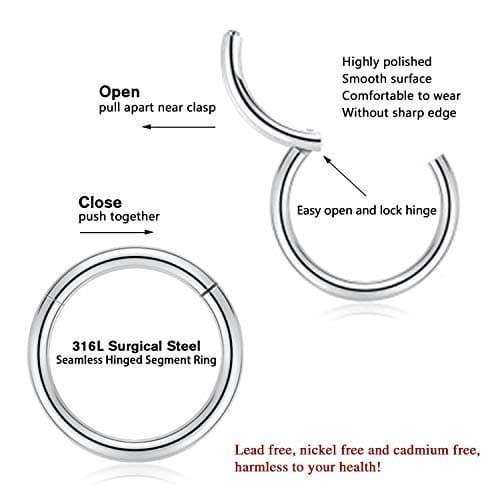 16g Nose Ring Hoop Earrings Gold Nose Hoops 16 Gauge Lip Rings Septum Hoop Seamless Septum Clicker 8mm Septum Ring Cartilage Earring Helix Earring Rook Earrings Nose Rings Surgical Steel — view 2