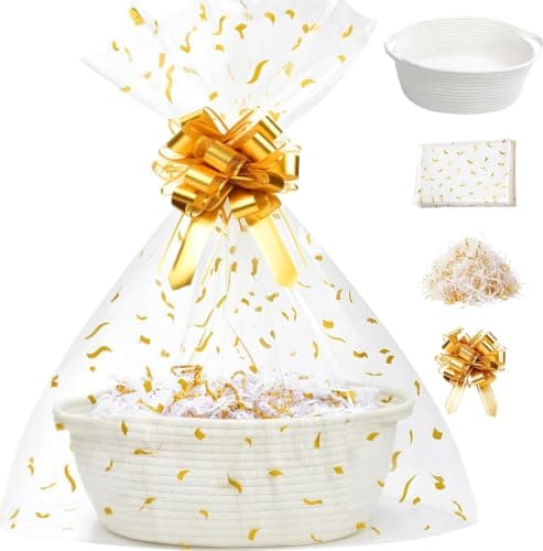 SUNCOLOR Small Woven Gift Basket Set with Cut Paper Shred Filler, Pull Bow & Cellophane Bag, 12x8x5 Inch Durable Cotton Rope Storage Basket for Easter, Baby Shower, Birthday