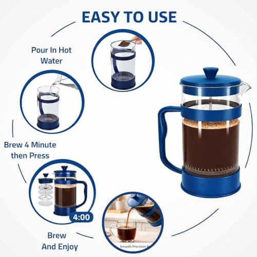 Alpine Cuisine 1L Glass French Press Coffee Maker, Stainless Steel Plunger & Heat-Resistant Borosilicate Carafe, Manual Coffee & Tea Brewer, Blue — view 3